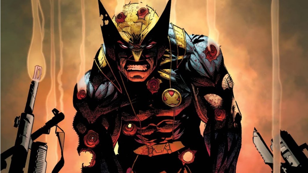 An injured Wolverine snarling with smoking guns in front of him